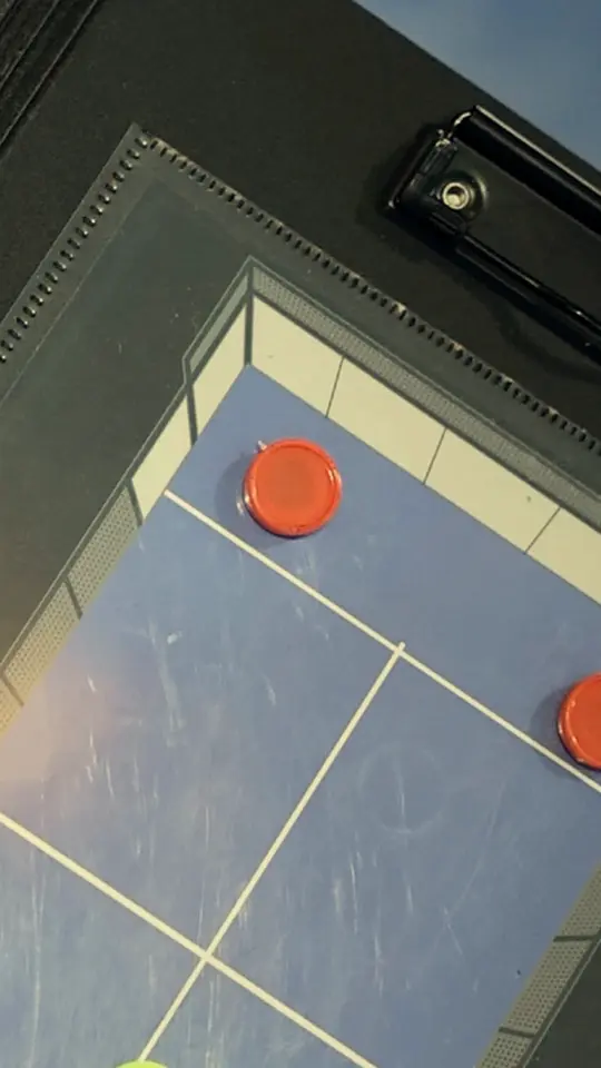 A padel tactics board with counters placed on the drawn court.